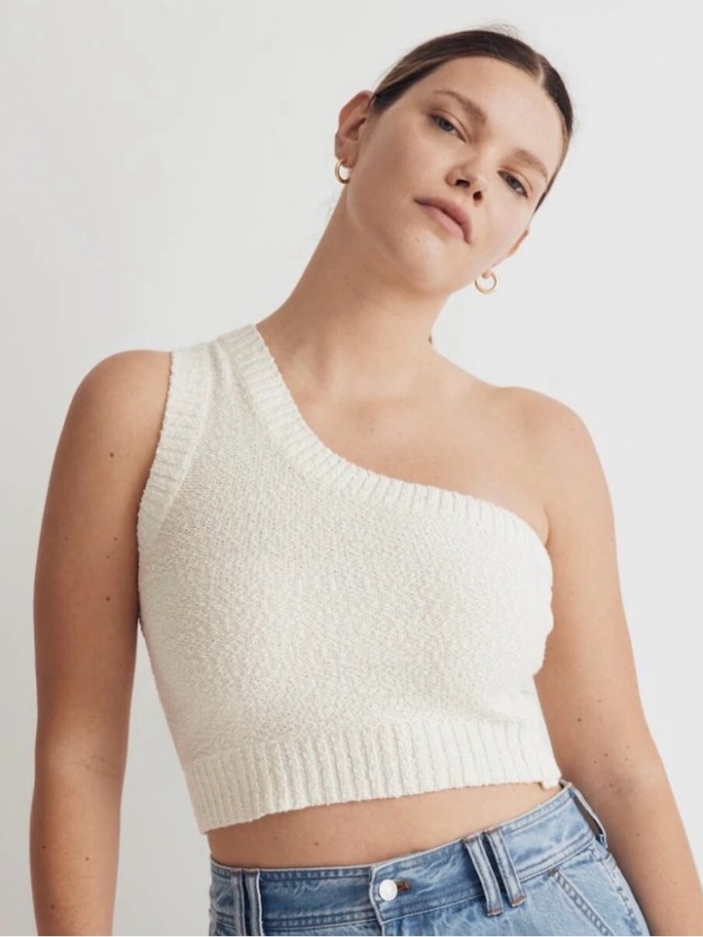 Madewell Cream Textural-Knit One-Shoulder Sweater Tank
